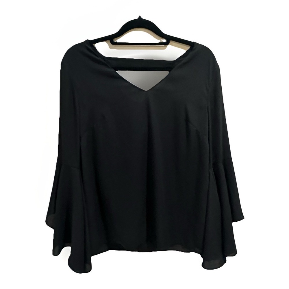WHBM White House Black Market Top XS Black Sheer Bell Sleeve Open Back